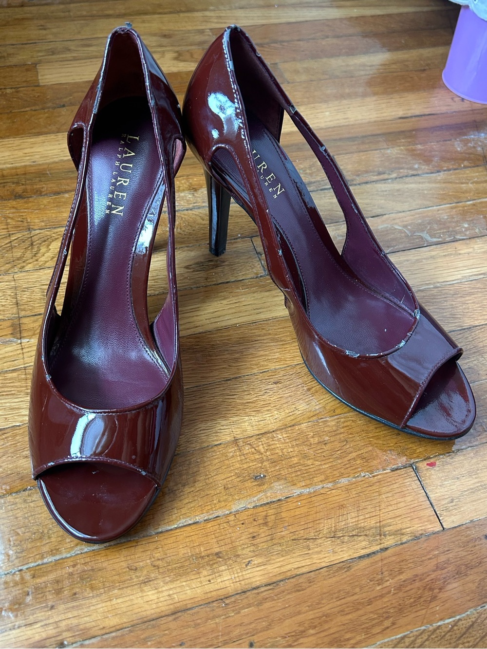 Lauren Ralph Lauren Wine Patent Peep-Toe Heels